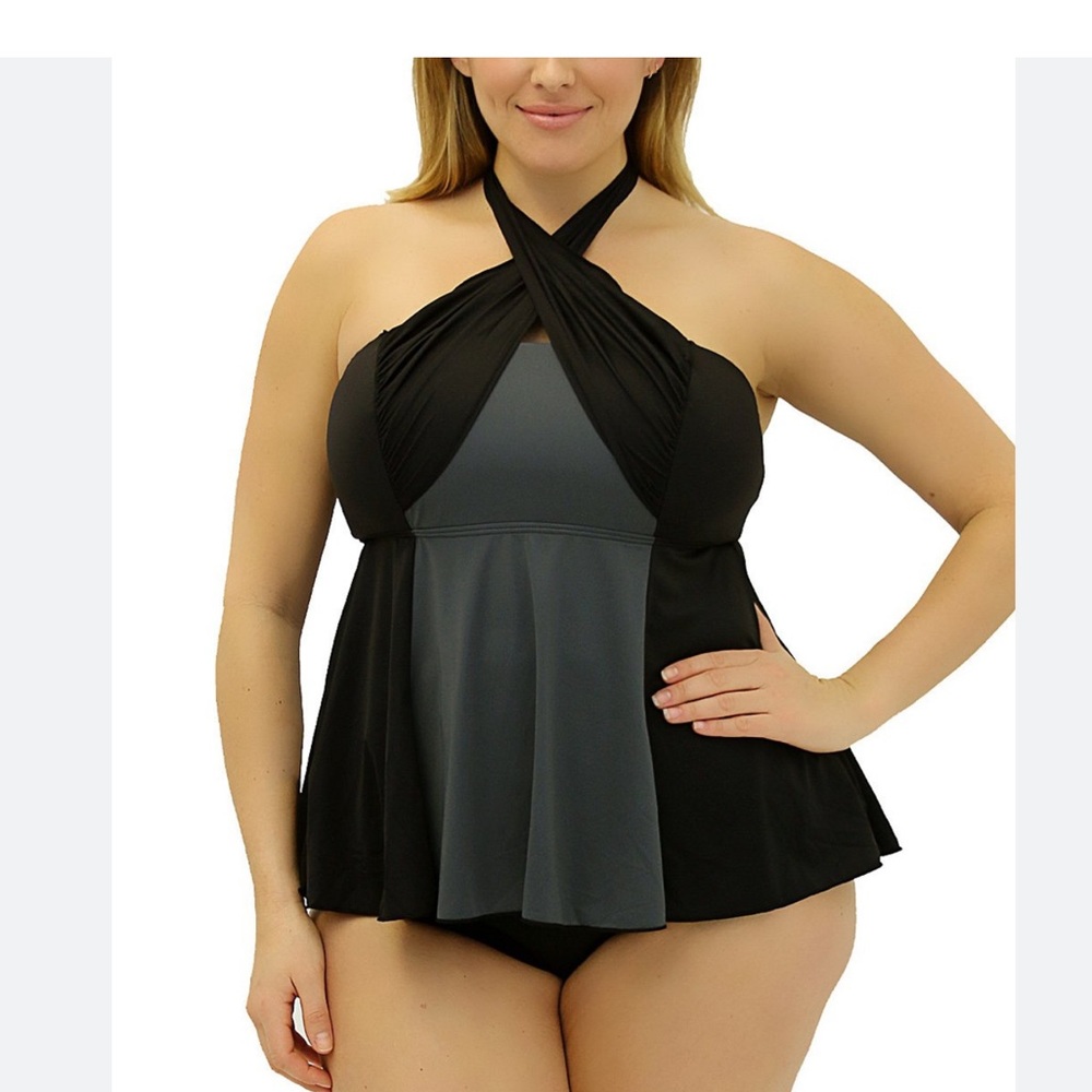 NWT Fit 4 u Convertible Halter Tankini Swim Top in Black & Charcoal